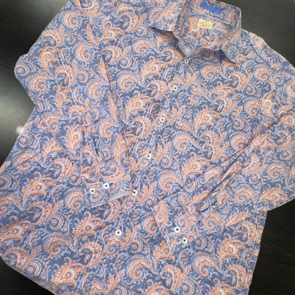 Tommy Bahama Paisley Button Front Shirt Mens Medium Blue Orange Excellent Cotton